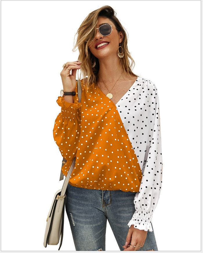 Asymmetric Two-Tone Polka Dot Blouse with Smocked Cuffs