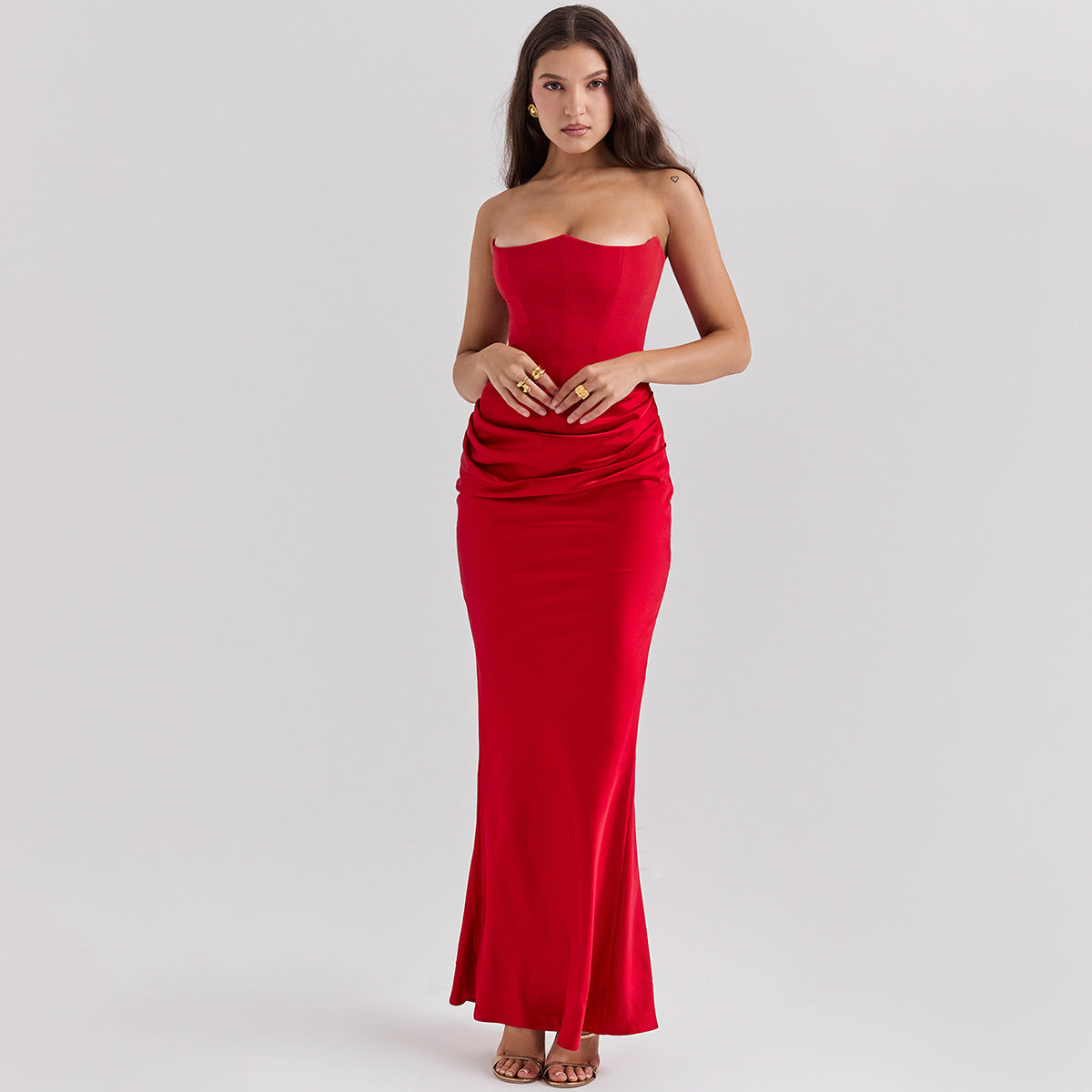 Sultry Strapless Bandeau Gown with Sculpted Bodice & Liquid Satin Flow