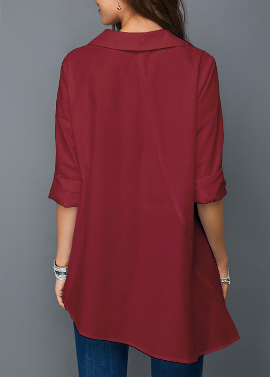 Asymmetric Hem Button-Down Shirt with Colorful Accents