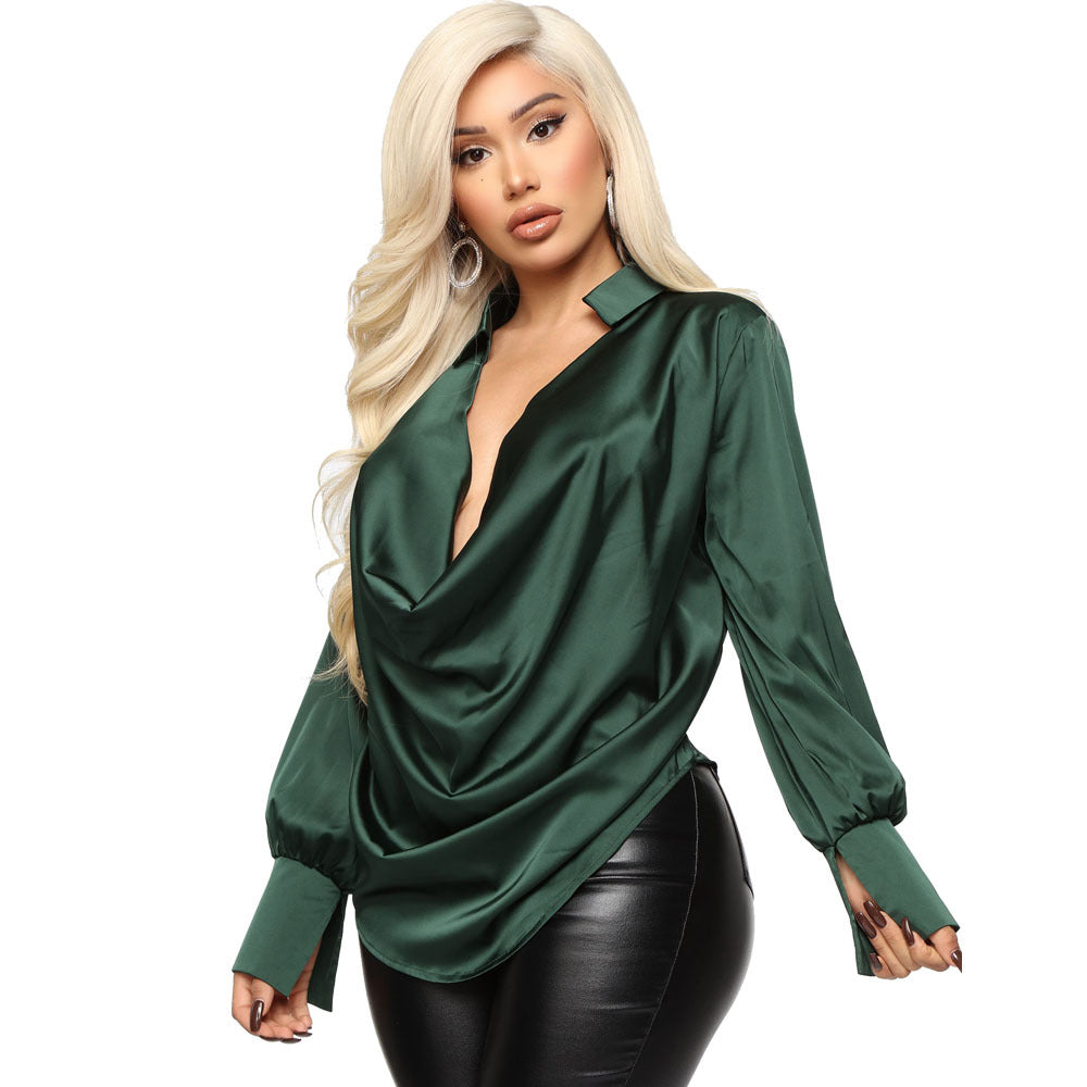 Glamorous Long Sleeve Drape-Front Satin Bodice