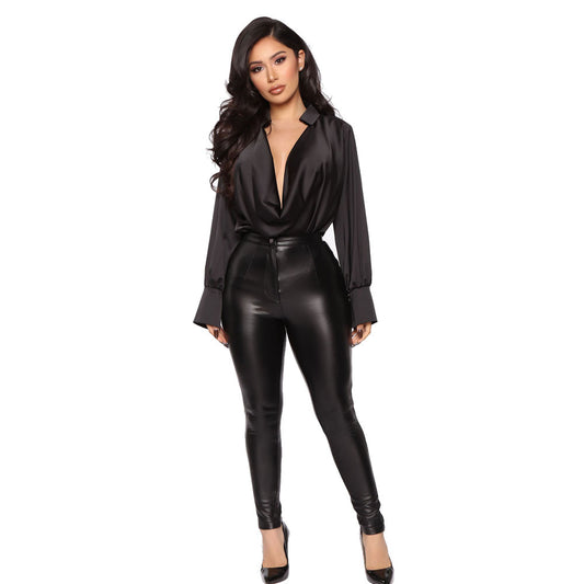 Glamorous Long Sleeve Drape-Front Satin Bodice