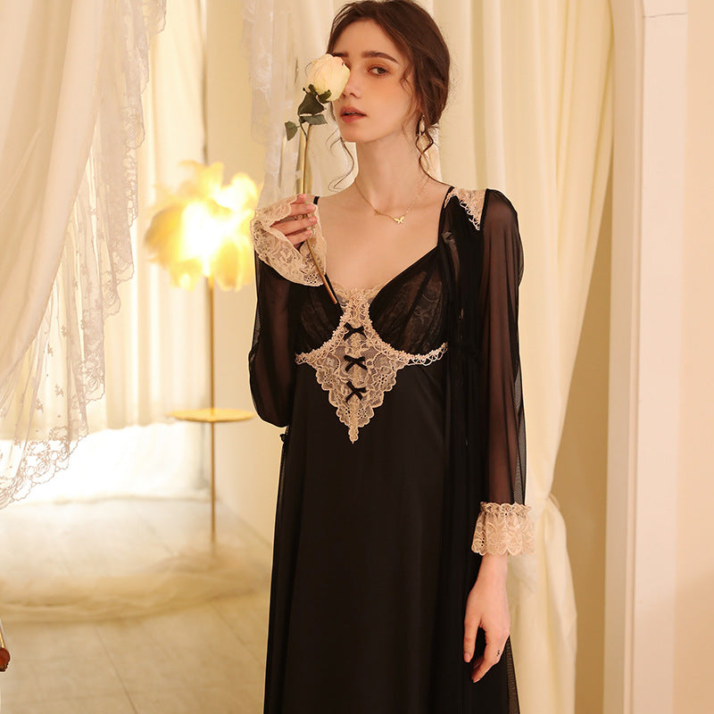 Monolith-Noir Gown in "Midnight-Chiffon" with Precision Scalloped-Lace Frame