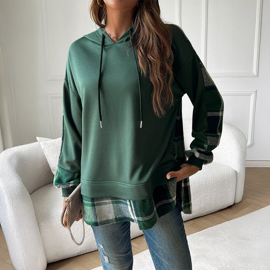 The Rebel Hybrid" Oversized Hoodie with Plaid Patchwork & Asymmetric Hem