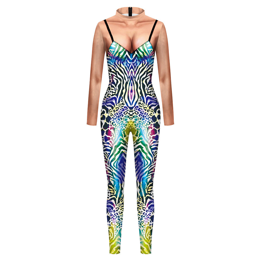 The Neon-Safari Digital-Print Catsuit with Kinetic Animal-Mashup