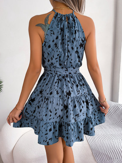 Sassy Halter Neck Mini Dress with Ruffled Swing Hem