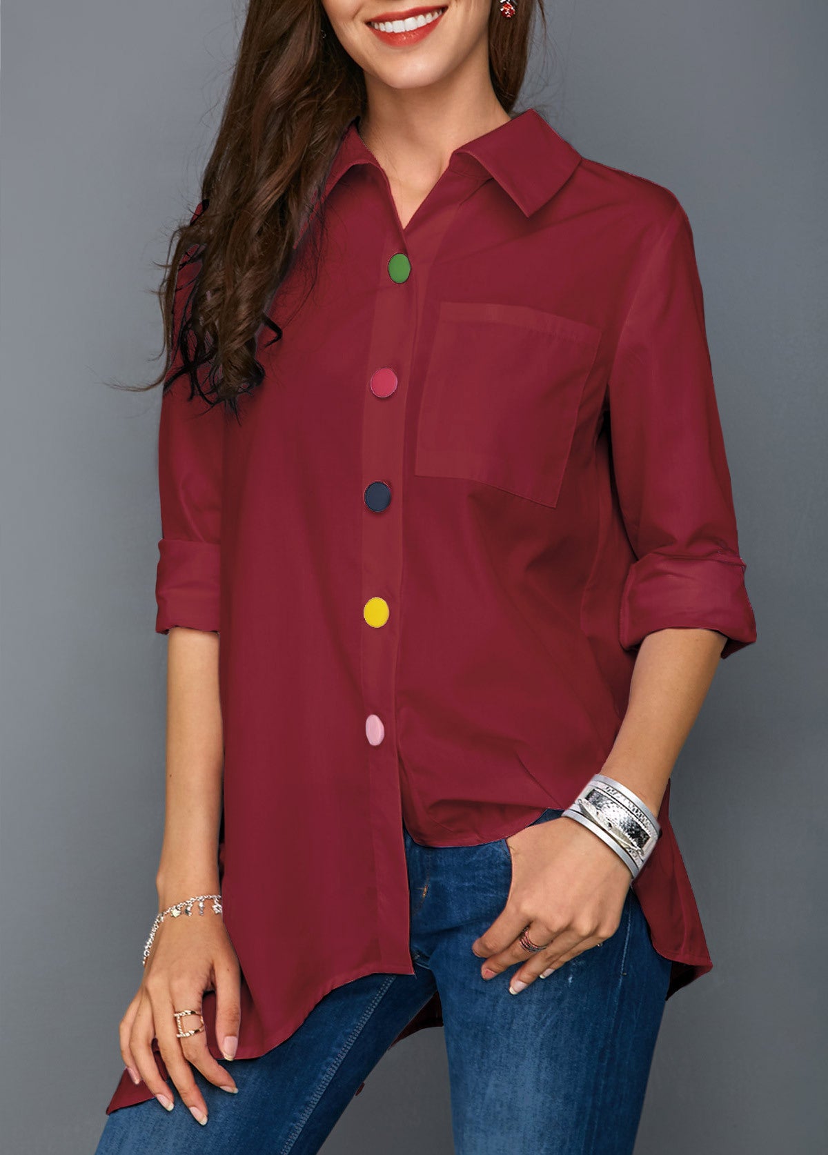 Asymmetric Hem Button-Down Shirt with Colorful Accents