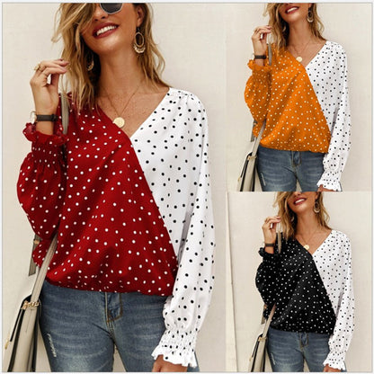 Asymmetric Two-Tone Polka Dot Blouse with Smocked Cuffs