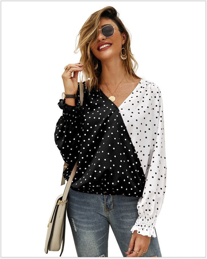 Asymmetric Two-Tone Polka Dot Blouse with Smocked Cuffs