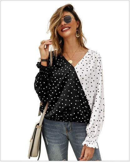 Asymmetric Two-Tone Polka Dot Blouse with Smocked Cuffs
