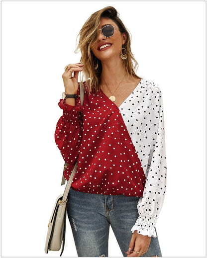 Asymmetric Two-Tone Polka Dot Blouse with Smocked Cuffs