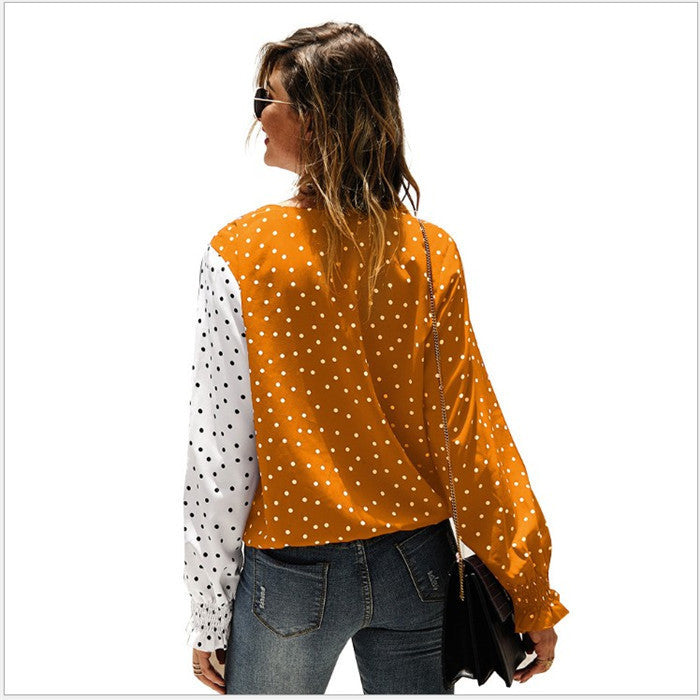 Asymmetric Two-Tone Polka Dot Blouse with Smocked Cuffs