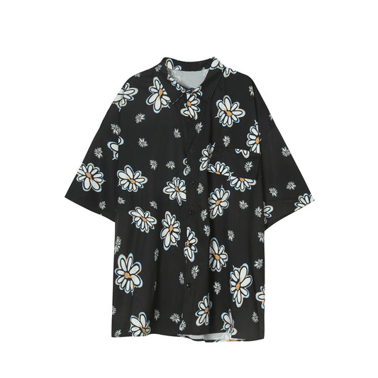 Botanical-Street Statement-Shirt with High-Contrast Petal-Grid & Sculptural Oversized-Hem