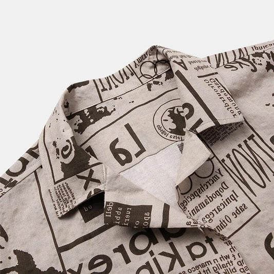 Journalist-Vanguard Statement-Shirt with High-Contrast Newsprint-Grid & Sculptural Hem