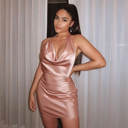 Sultry Silky Party Dress with Draped Neckline for Night Out