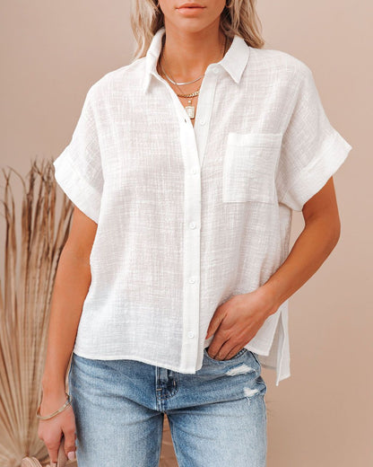 Casual Rolled-Sleeve Summer Blouse with Chest Pocket