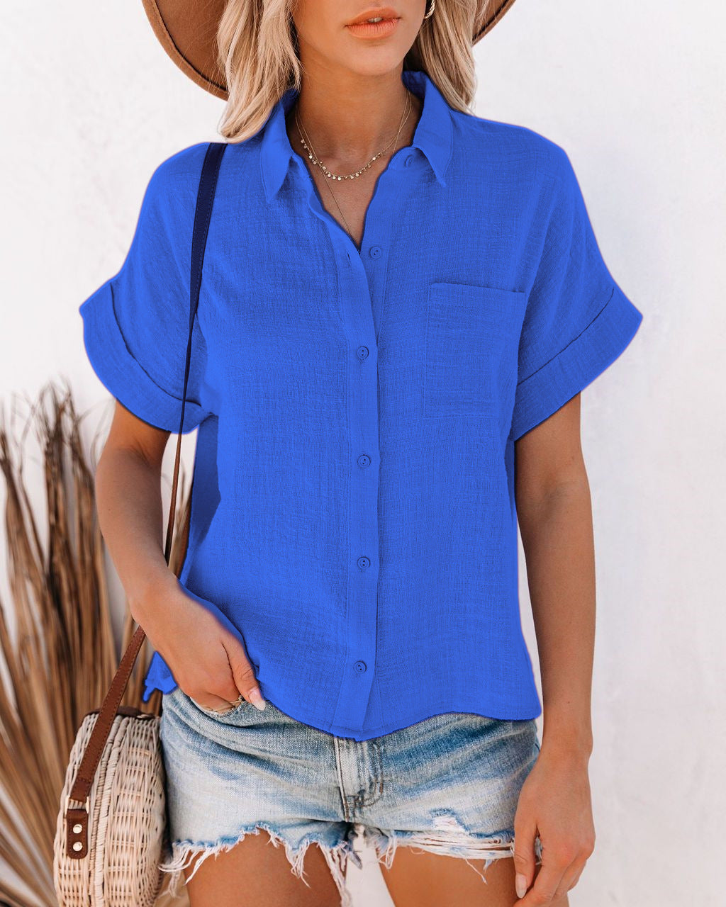 Casual Rolled-Sleeve Summer Blouse with Chest Pocket