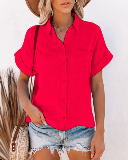 Casual Rolled-Sleeve Summer Blouse with Chest Pocket