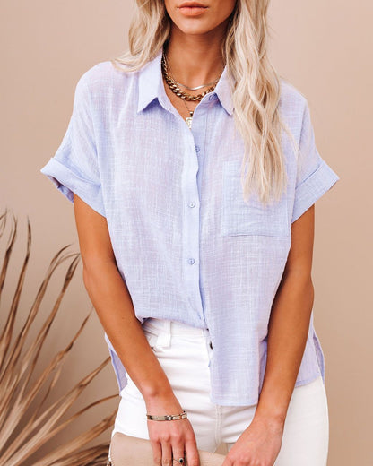 Casual Rolled-Sleeve Summer Blouse with Chest Pocket