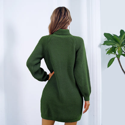 Modern Ribbed High-Neck Sweater Gown with Gold-Tone Accents