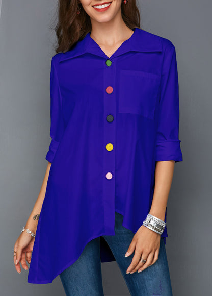 Asymmetric Hem Button-Down Shirt with Colorful Accents