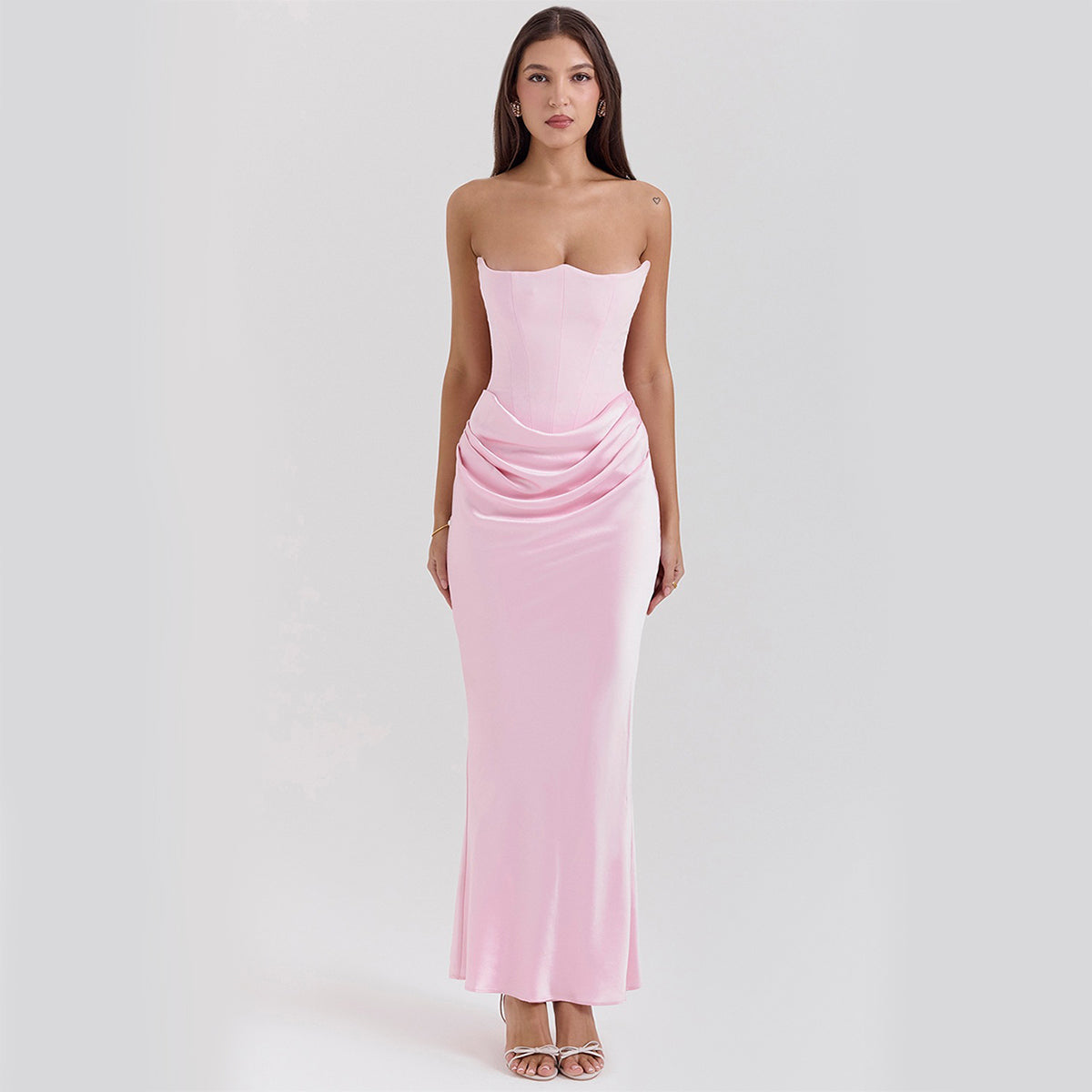 Sultry Strapless Bandeau Gown with Sculpted Bodice & Liquid Satin Flow