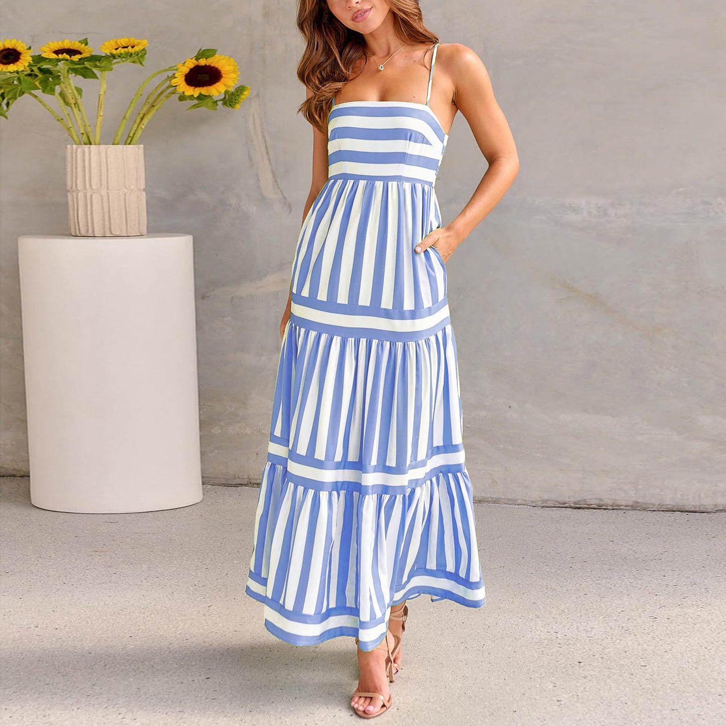 Modern Boho Striped Gown for Seaside Vacations & Brunches
