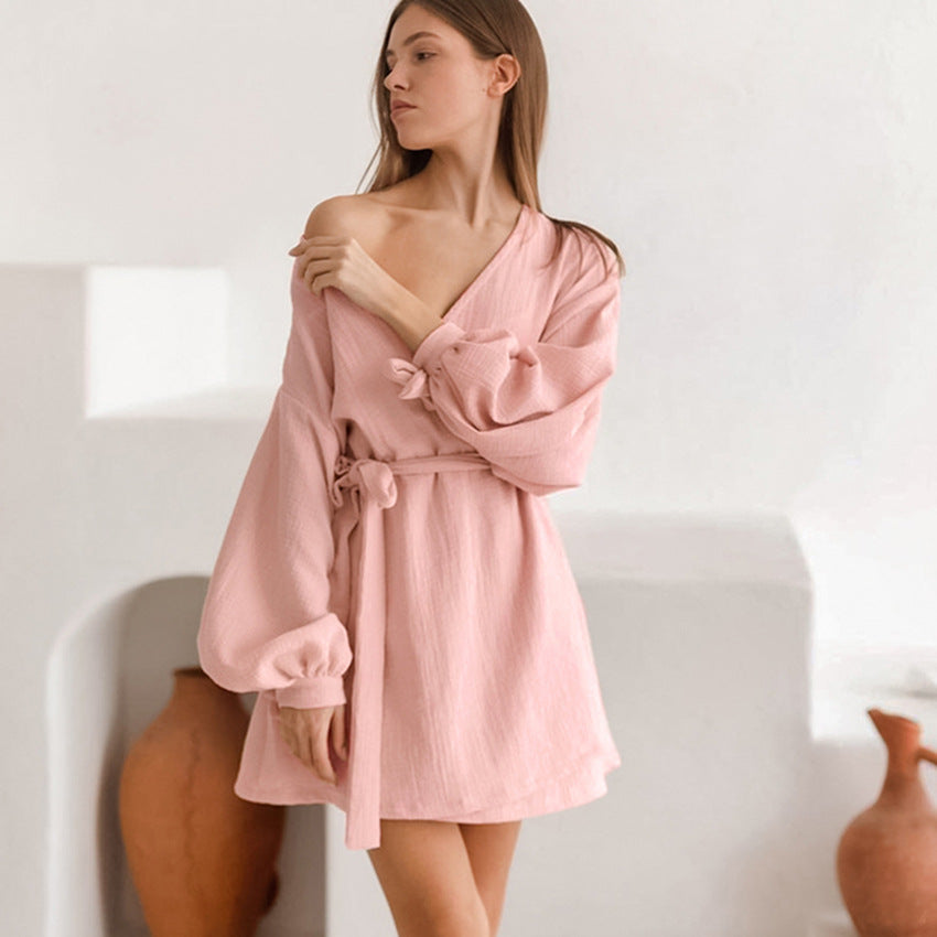 Monolith-Mist Lounge-Gown in Organic Muslin-Weave with Precision Waist-Cinch