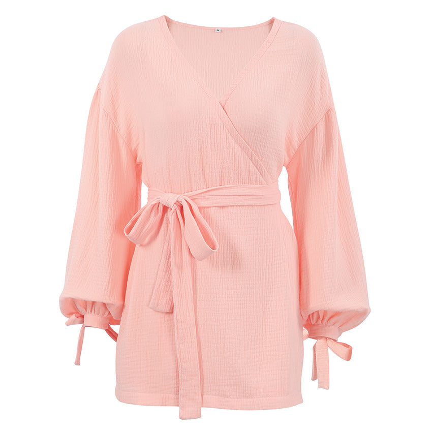 Monolith-Mist Lounge-Gown in Organic Muslin-Weave with Precision Waist-Cinch