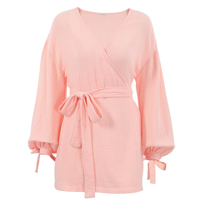 Monolith-Mist Lounge-Gown in Organic Muslin-Weave with Precision Waist-Cinch