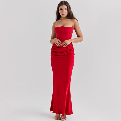 Sultry Strapless Bandeau Gown with Sculpted Bodice & Liquid Satin Flow