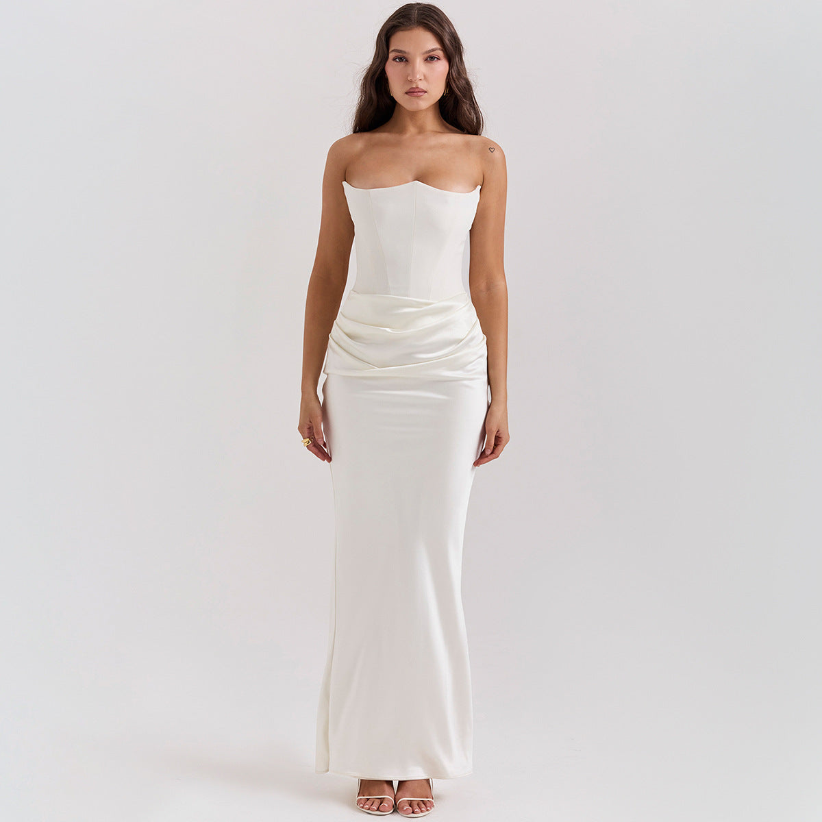 Sultry Strapless Bandeau Gown with Sculpted Bodice & Liquid Satin Flow