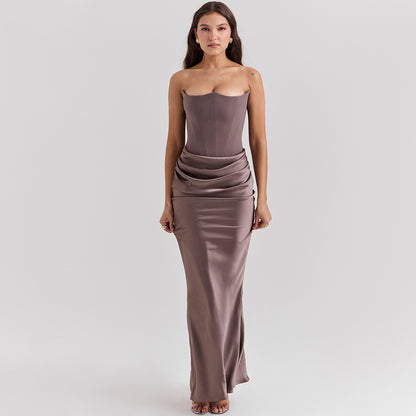 Sultry Strapless Bandeau Gown with Sculpted Bodice & Liquid Satin Flow