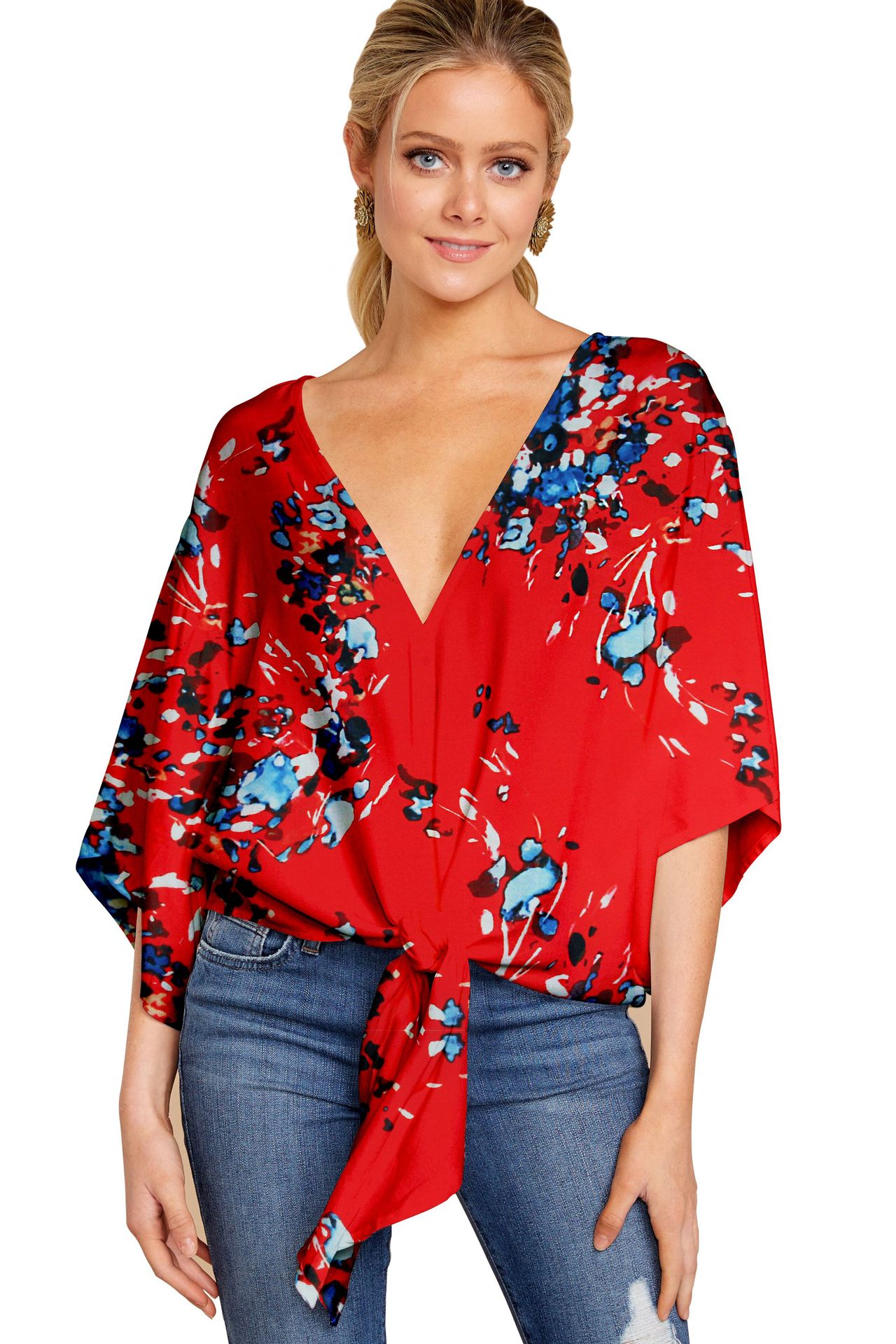 Sultry Batwing Sleeve Tunic with Front Tie Accent