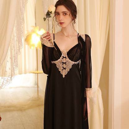 Monolith-Noir Gown in "Midnight-Chiffon" with Precision Scalloped-Lace Frame