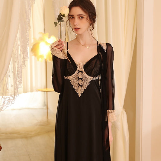 Monolith-Noir Gown in "Midnight-Chiffon" with Precision Scalloped-Lace Frame
