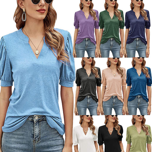 Luna Split V-Neck Pleated Puff Sleeve Blouse