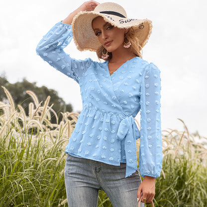 Chic Long Sleeve Sheer Blouse with Romantic Bow Detail