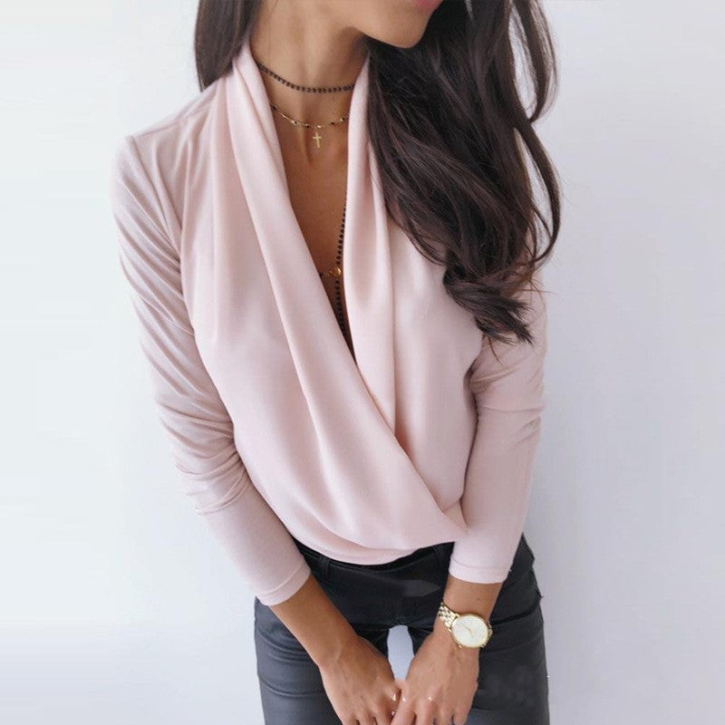 Sultry Deep V-Neck Wrap Blouse with Draped Front