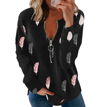 Elegant V-Neck Feather Print Zip Blouse