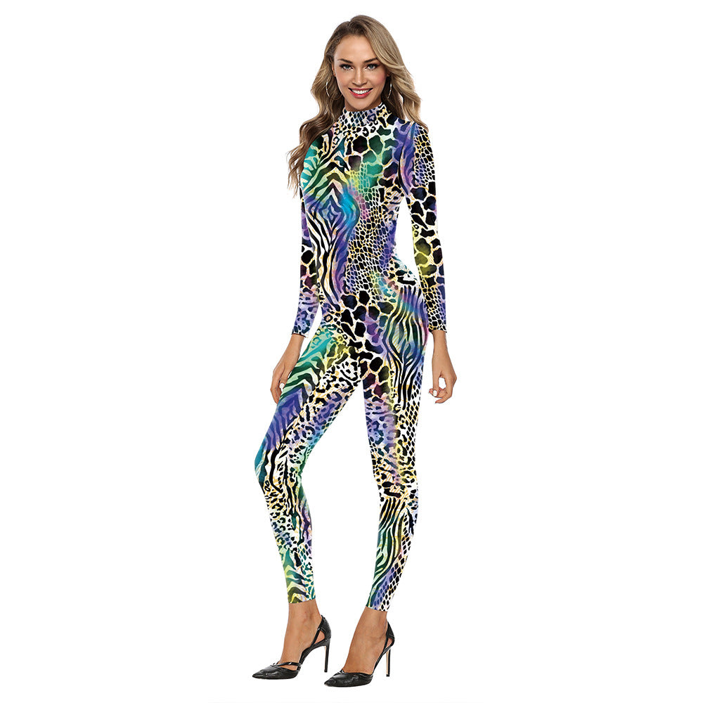 The Neon-Safari Digital-Print Catsuit with Kinetic Animal-Mashup