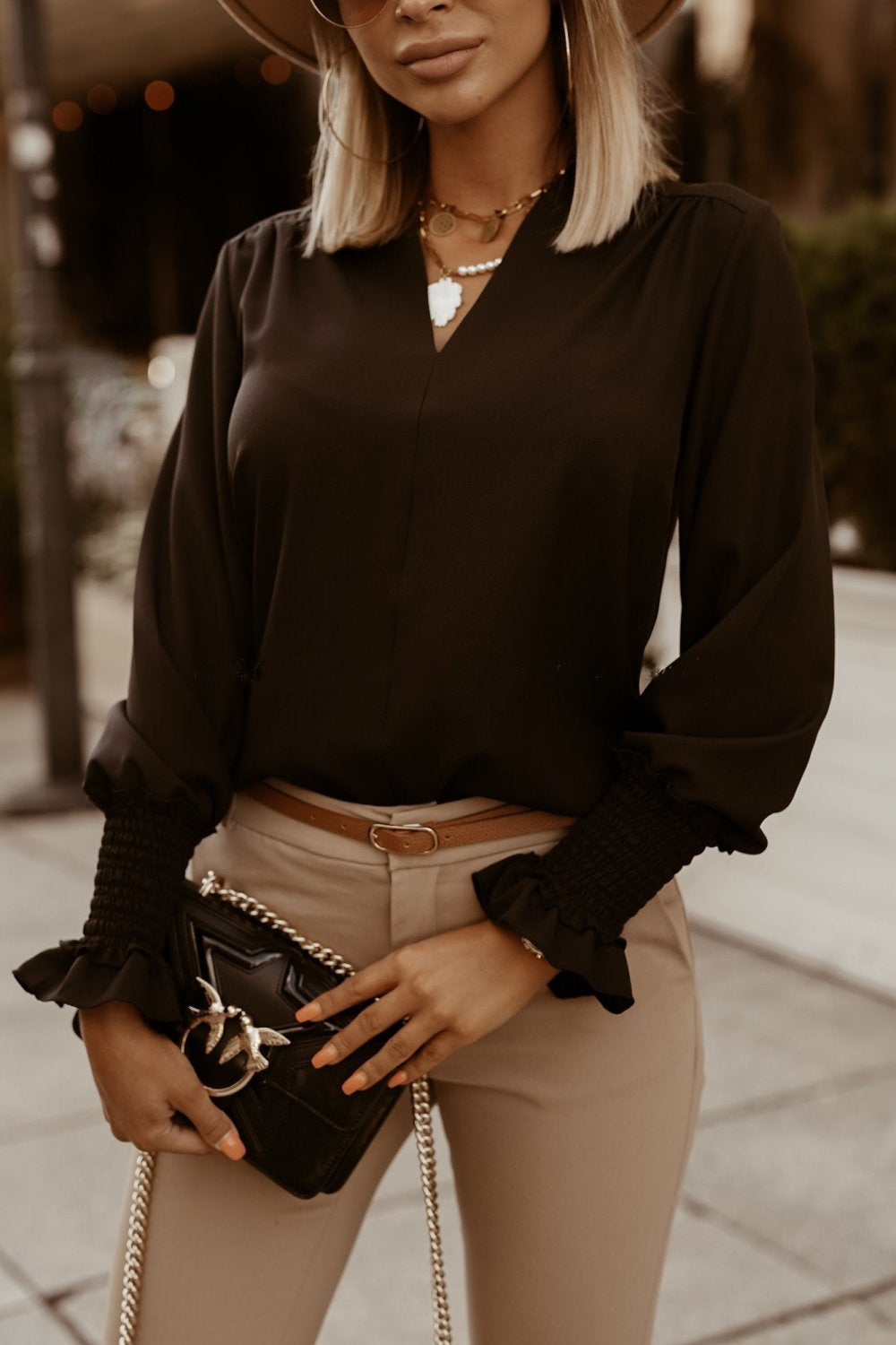 Elegant V-Neck Blouse with Smocked Ruffle Cuffs