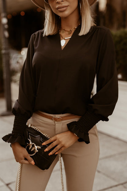 Elegant V-Neck Blouse with Smocked Ruffle Cuffs