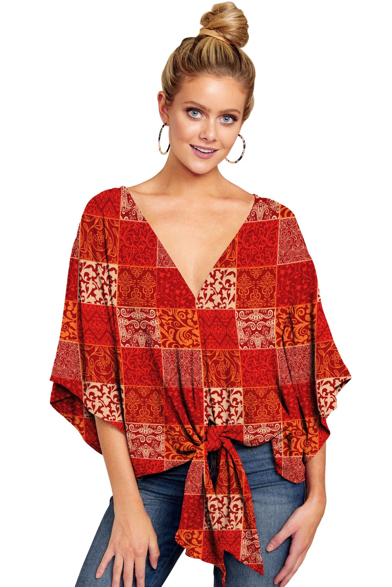 Sultry Batwing Sleeve Tunic with Front Tie Accent