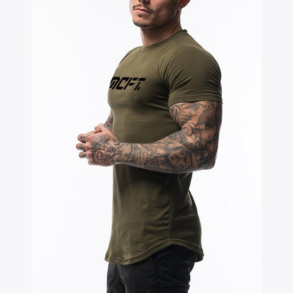 The Vanguard-Core Muscle-Fit Tee with Architectural Curved-Hem & Kinetic-Sleeve