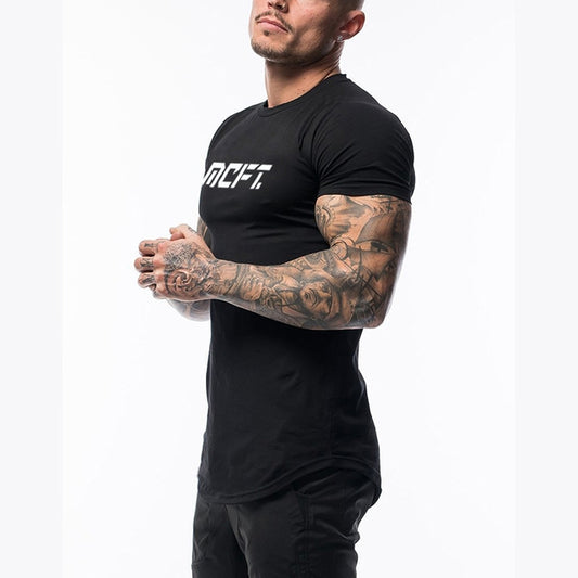 The Vanguard-Core Muscle-Fit Tee with Architectural Curved-Hem & Kinetic-Sleeve