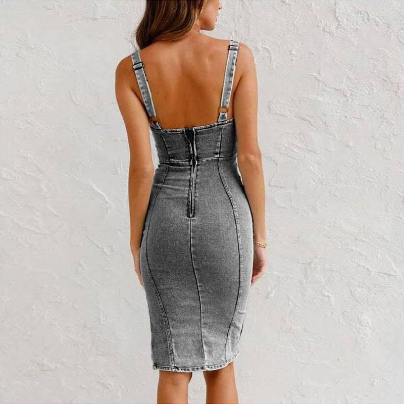Edgy Zip-Front Denim Midi Dress with Corset-Style Bodice