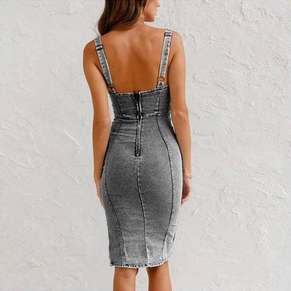 Edgy Zip-Front Denim Midi Dress with Corset-Style Bodice
