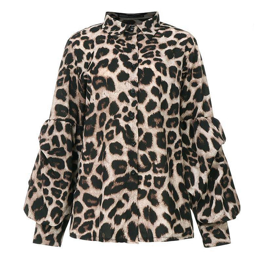 Bold Leopard Print Button-Up with Dramatic Balloon Sleeves