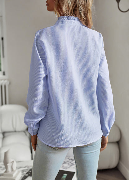Chic Vertical Striped Shirt with Ruffle Detail