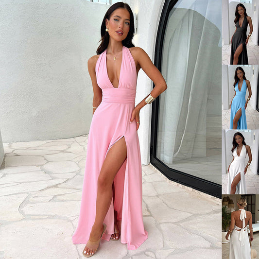 Sultry Floor-Length Halter Dress with Sophisticated Draped Front